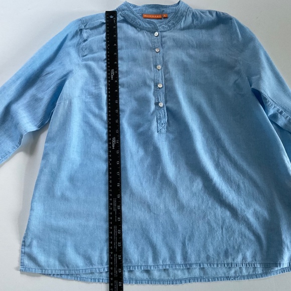Oliphant Mandarin Collar Popover Blouse Sz L Blue Contemporary Classic Nomad - Picture 5 of 15